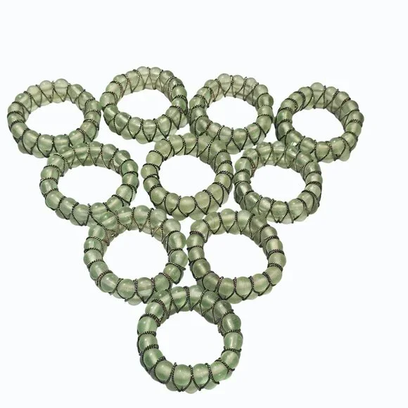 Vintage Green Glass Beads and Wire 2 Inch Napkin Rings Set of 10 - Picture 5 of 11